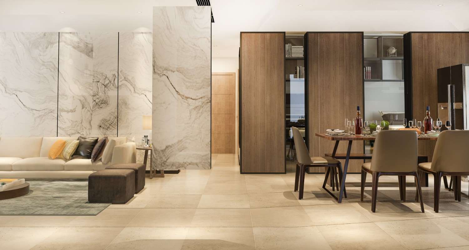 Open living and dining area with large beige floor tiles