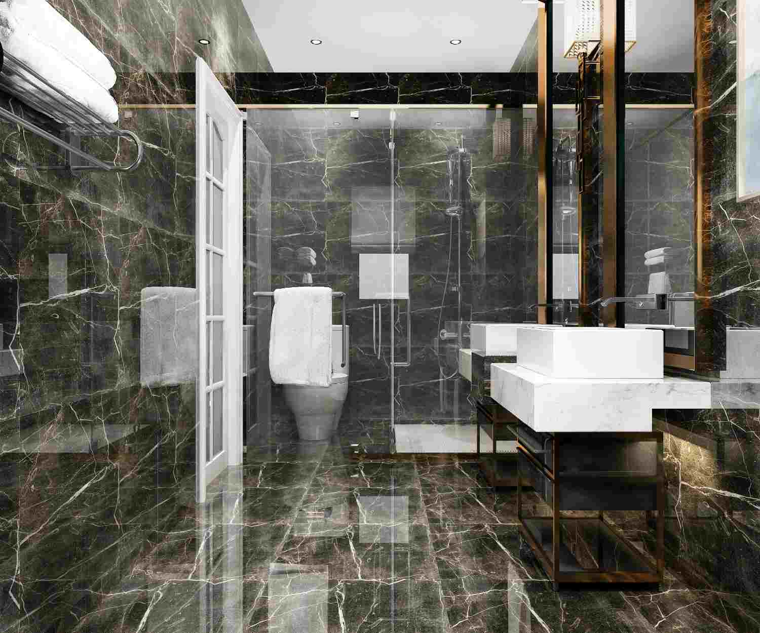 Modern black bathroom with glossy marble-look floor and wall tiles