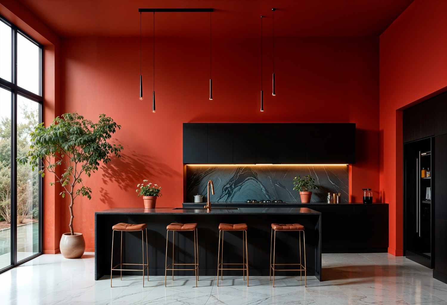 Bold red and black modern kitchen with a large island, copper bar stools and floor-to-ceiling windows