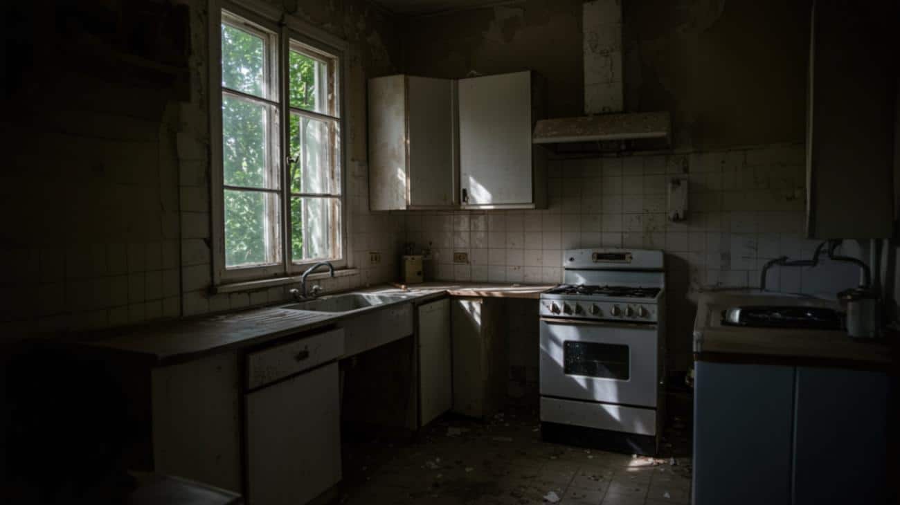Run-down kitchen with water-damaged and deteriorating cabinets