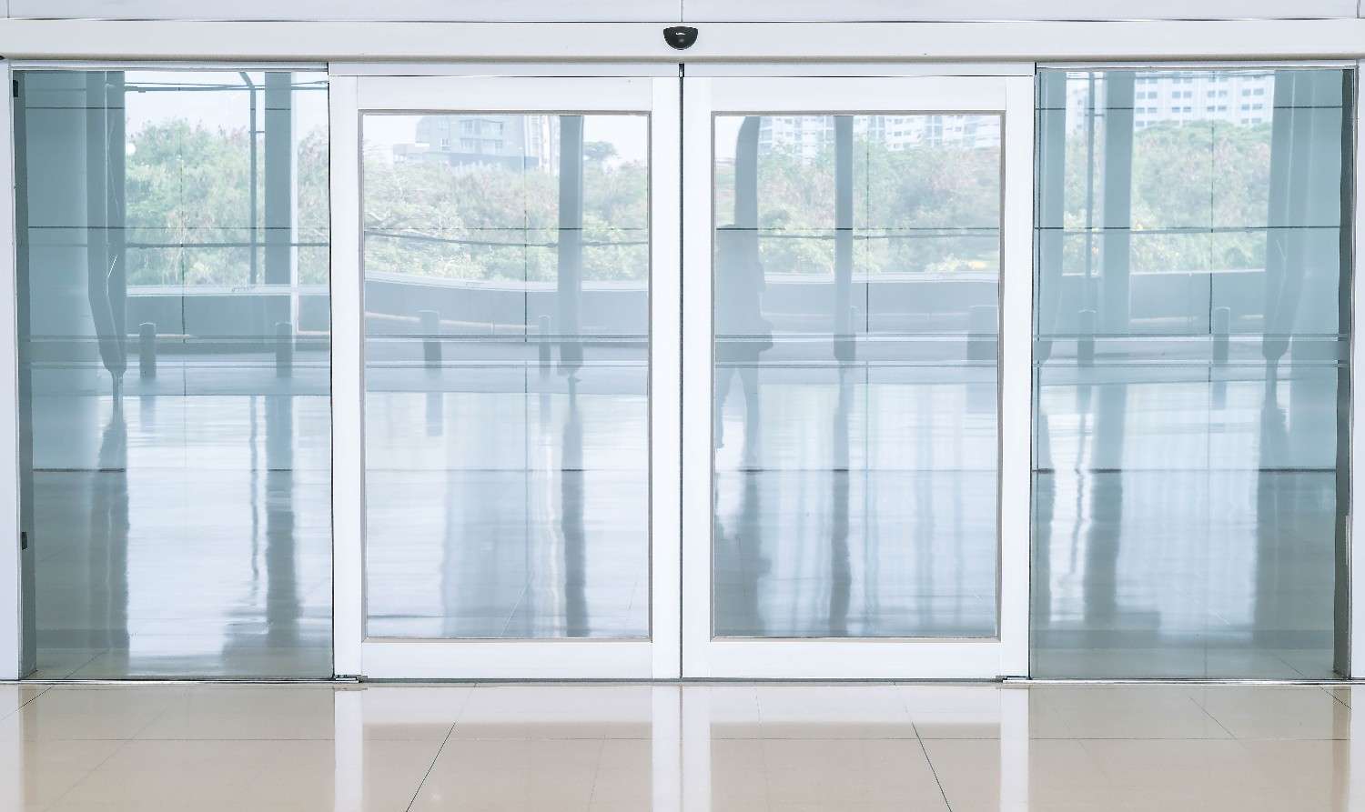 Glass doors with white frames reflecting a bright interior