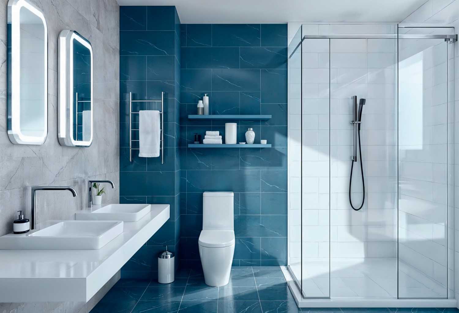 Modern bathroom with blue tile and glass shower
